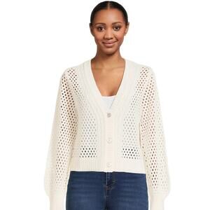 No Boundaries Juniors L 11-13 White Mesh Cardigan Open Front Knit Sweater NWT